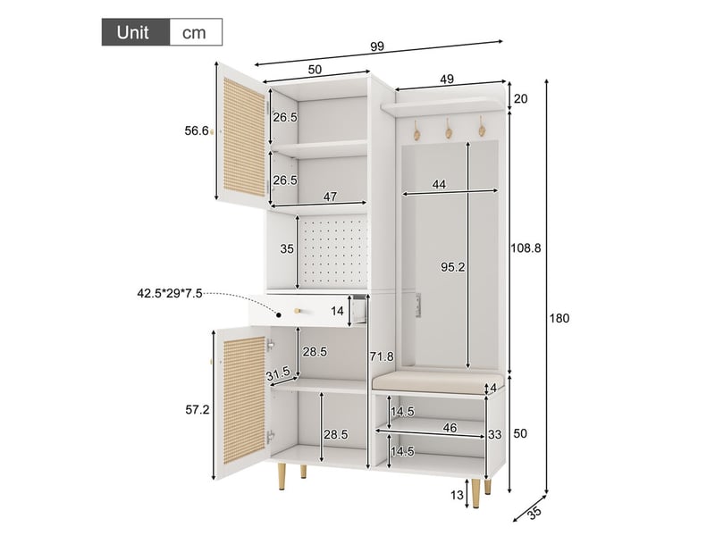  Meuble à chaussures, commode à 2 portes en rotin, 1 tiroir, rack ouvert et panneau perforé, pieds en fer, pour entrée et couloir, 99 x 35 x 180 cm  - Conforama C