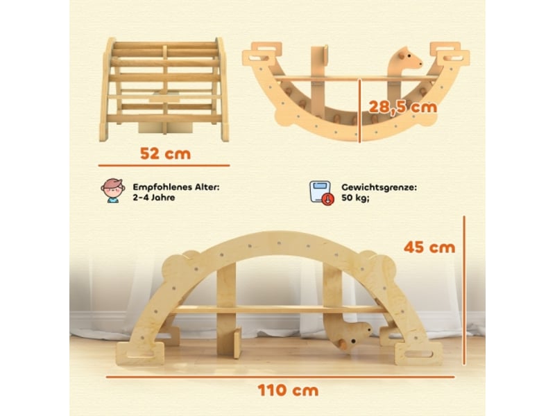  Arche d’escalade montessori 2 en 1 en bois, pour enfants 2-4 ans, 110x52x45 cm, naturel  - Conforama C