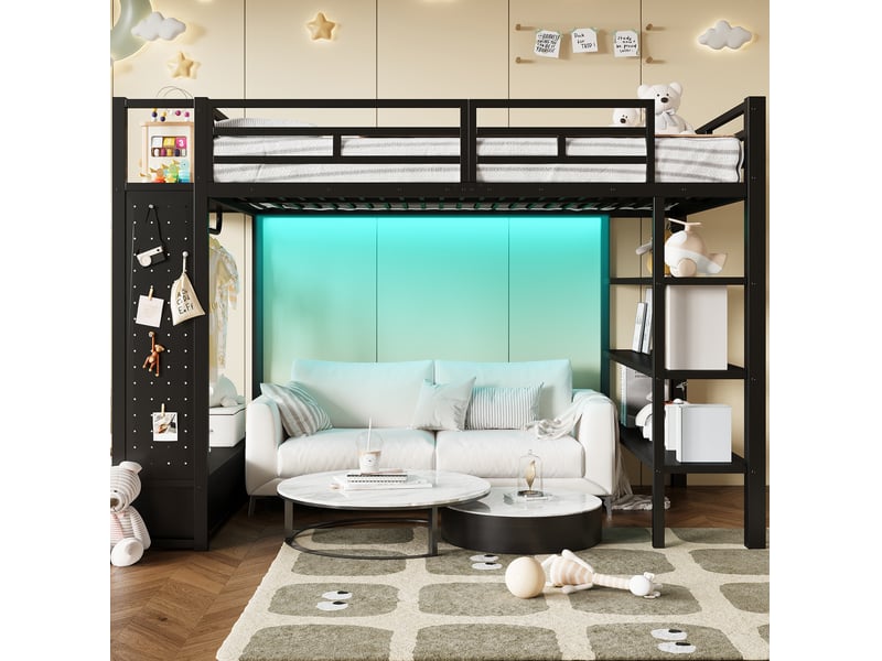  Lit mezzanine 140x200 cm avec placard ouvert, rangements, panneau perforé led, mdf,metal noir sans matelas  - Conforama B