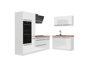 Vicco cuisine en angle, blanc haute brillanceblanc, 230 x 120 cm plan de travail chêne doré