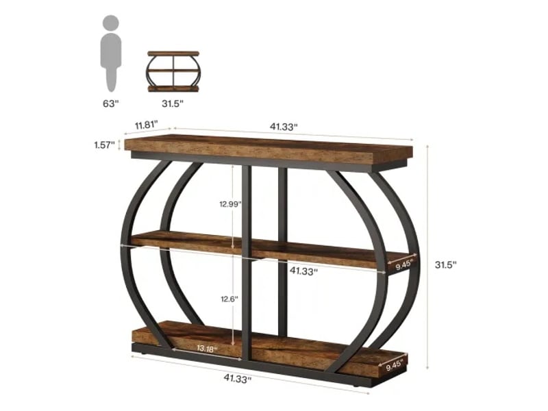  Console à 3 niveaux avec étagères de rangement, structure métallique, pour entrée et salon, bois marron 105 × 24 × 80 cm  - Conforama C
