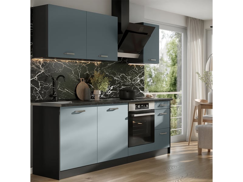  Vicco cuisine, bleu-grisanthracite, 220cm plan de travail chêne doré  - Conforama C