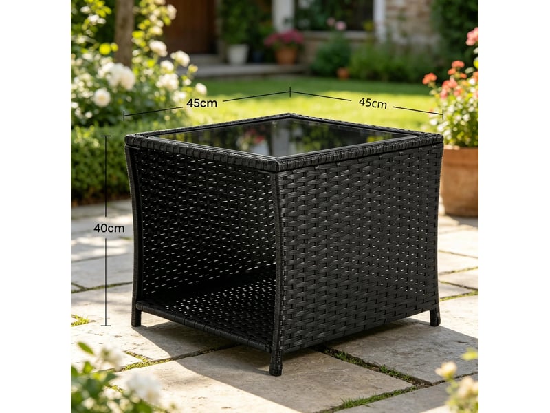  Table d'appoint extérieure carrée 45x45x40 cm – noire – plateau en verre amovible et rangement ouvert  - Conforama C