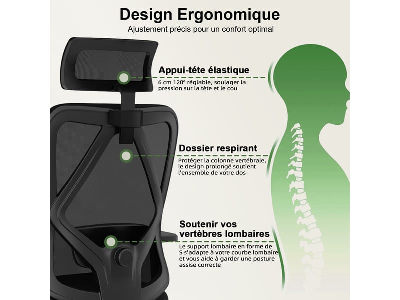  Fauteuil de bureau, fauteuil de bureau ergonomique, fauteuil de bureau avec soutien lombaire en mousse à mémoire de forme 3d  - Conforama D