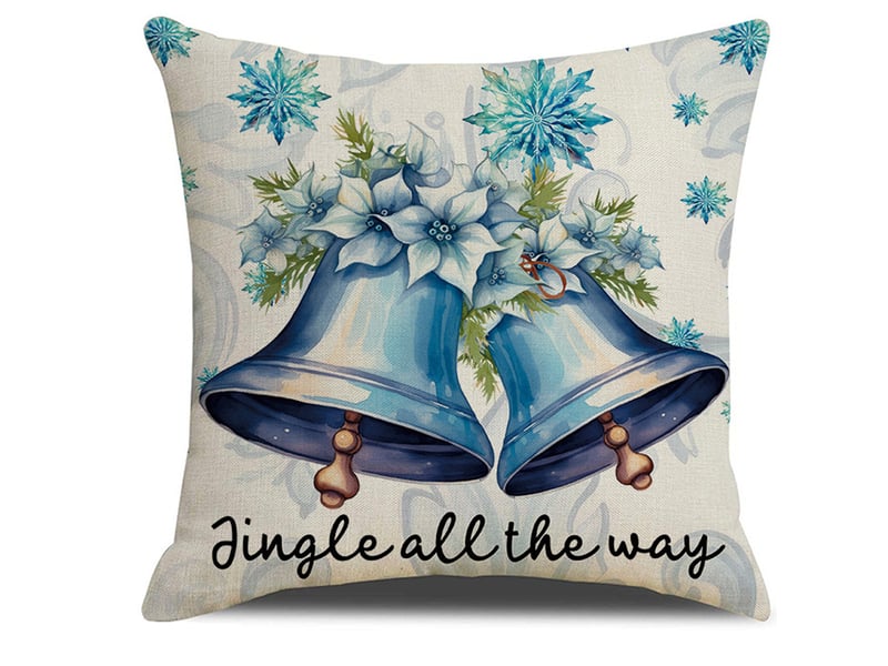  Lot de 4 housses de coussin décoratives de noël, 45 x 45 cm, en lin bleu, motif sapin et père noël  - Conforama B