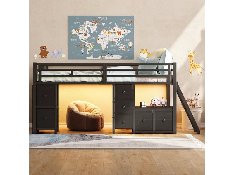  Lit mezzanine 90x200 avec 7 tiroirs, lit enfant avec led et espace de jeu, noir  - Conforama D