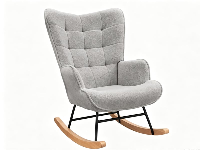  Gray teddy bear plush rocking chair, square tufted high-backed cushioned rocking chair with wooden rocking rod, suitable for bedroom, nursery, and living room.  - Conforama A