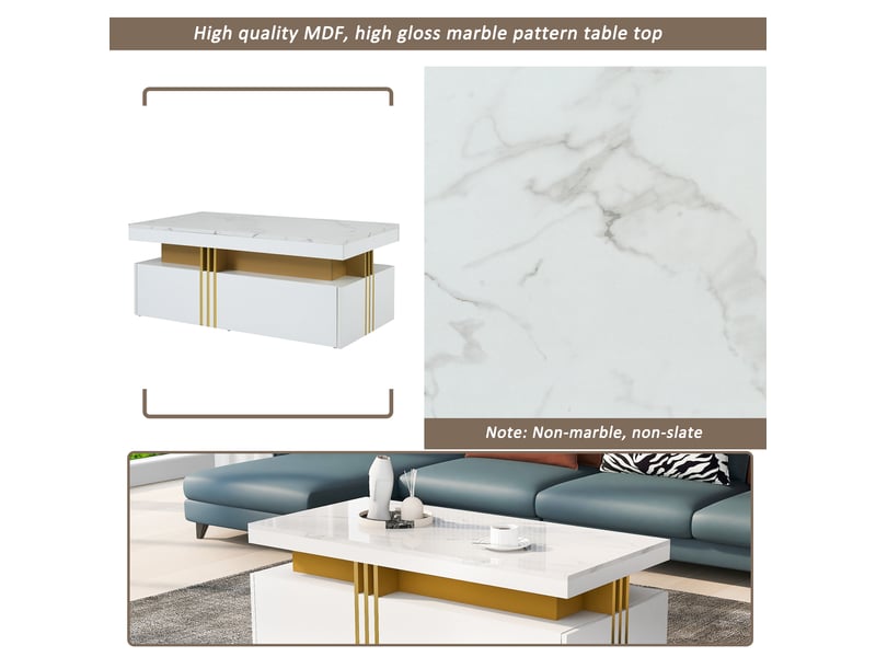  Table basse 100*50*40cm table rectangulaire moderne, 2 tiroirs, motif en marbre, panneau de particules, table de salon, blanc  - Conforama R