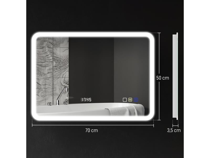 Miroir de salle de bain avec éclairage led 70 x 50 cm, bluetooth, 3 couleurs d'éclairage, horloge numérique, fonction antibuée et fonction mémoire. - Conforama E