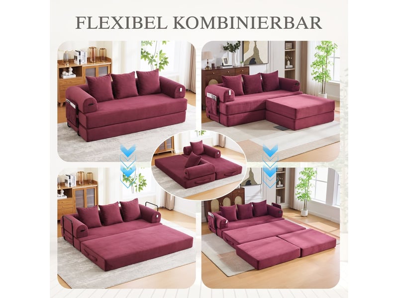  Canapé modulable revêtement côtelé cadre métal stable poche latérale 3 coussins confortables rembourrage extra épais combinaisons libres polyvalence d'utilisation bordeaux  - Conforama D