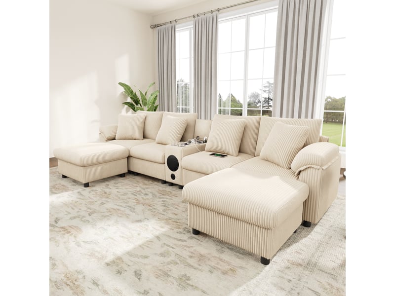 Canapé d'angle, canapé modulable, en velours tricoté, beige, porte-gobelets, pour salon et séjour, usb  - Conforama E
