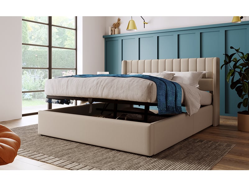  Lit double 160x200 cm avec matelas, structure de lit avec espace de rangement, lit double avec sommier à lattes, beige  - Conforama W