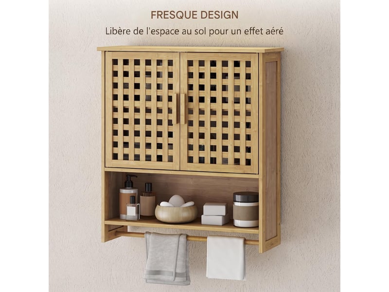  Armoire murale de salle de bain en bambou 2 portes ajourées 62 x 20 x 66 cm  - Conforama E