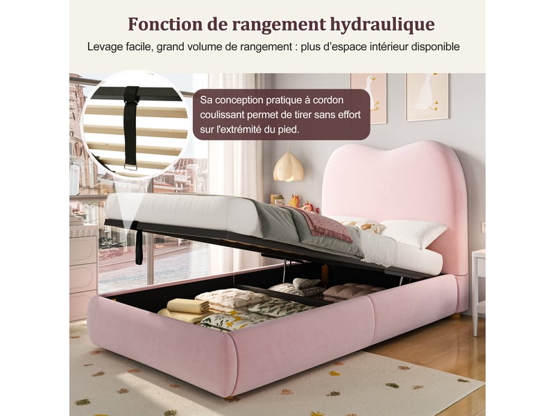  Lit enfant 90x200 cm - lit coffre avec rangement hydraulique - tête de lit rembourrée - angles arrondis - velours - rose  - Conforama D