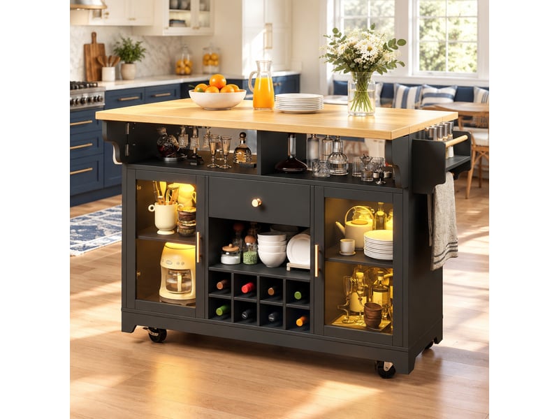 Desserte de cuisine avec plateau rabattable, étagères réglables, range-bouteilles, led et roulettes en mdf noir - Conforama C