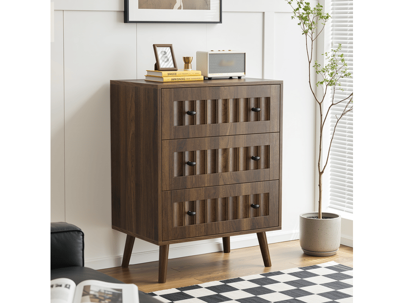 Commode à 3 tiroirs avec façades rainurées et poignées en métal noir pour chambre ou entrée, mdf noyer, 60 × 40 × 79 cm - Conforama C