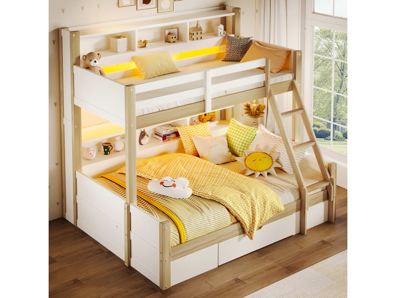 Lit superposé 90x200 et 140x200 cm, led, tiroir, échelle au choix, pin et mdf, blanc et naturel sans matelas - Conforama D