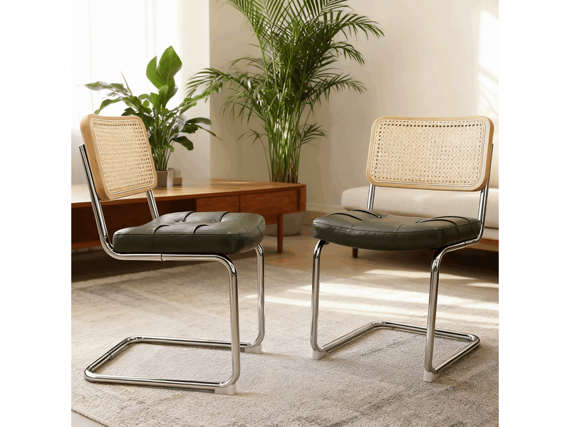  Chaises de salle à manger - lot de 4 - dossier rotin tressé, assise velours, piètement acier chromé, style mid-century, vert Sol Morn - Conforama D