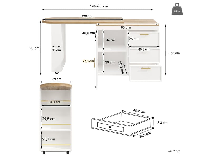  Table de bar pivotante avec rangements en mdf et métal blanc 128-203x39x90 cm - pangivo  - Conforama C