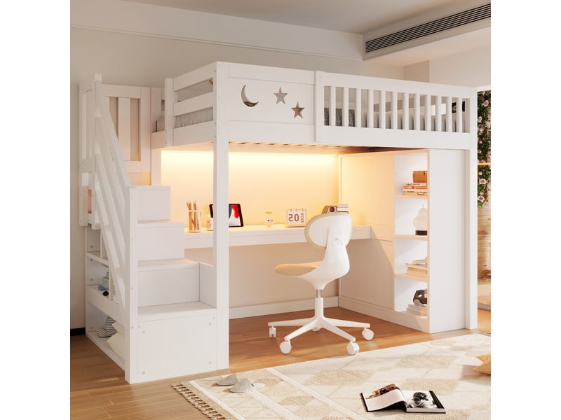  Lit mezzanine enfant 90x200 cm bureau intégré éclairage led penderie intégrée escalier avec rangement sommier à lattes blanc OPULERANE TRADING LTD - Conforama C