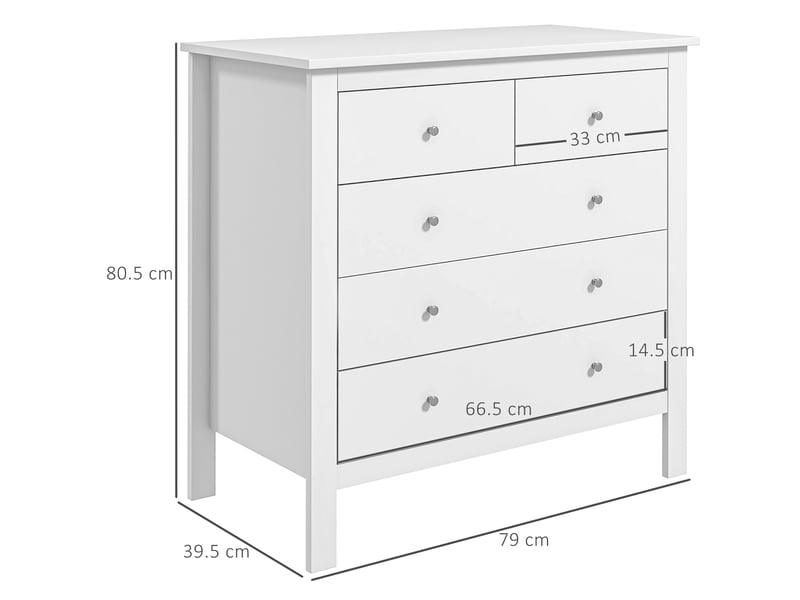  Commode à 5 tiroirs pour chambre et salon en bois blanc, 79 x 39,5 x 80,5 cm  - Conforama E
