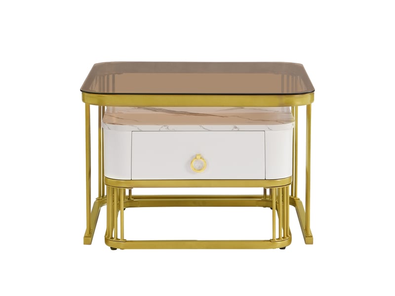  Table basse empilable : plateau en verre brun thé et aspect marbre brillant, détails dorés, table d’appoint avec tiroirs. Ensemble de deux pièces.  - Conforama A