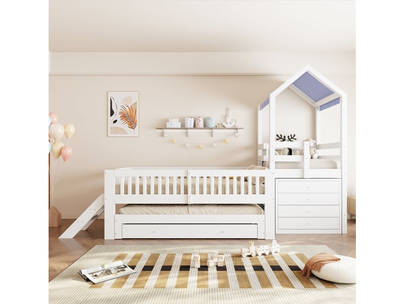  Lit superposé enfant 90 × 200 cm et 90 × 190 cm, 2 places, tiroirs et toit en tissu, sans matelas, blanc  - Conforama C