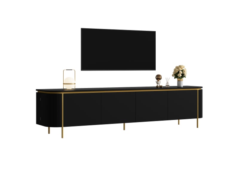  Buffet tv mdf avec pieds en fer, 6 portes, façades rainurées, passage câbles, extrémités arrondies – meuble salon  - Conforama A