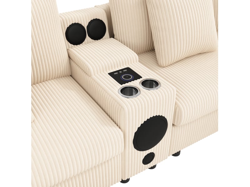  Canapé droit 315,5x144x84,5cm 4 places, 2 poufs inclus, console multimédia bluetooth, revêtement velours côtelé, beige  - Conforama E