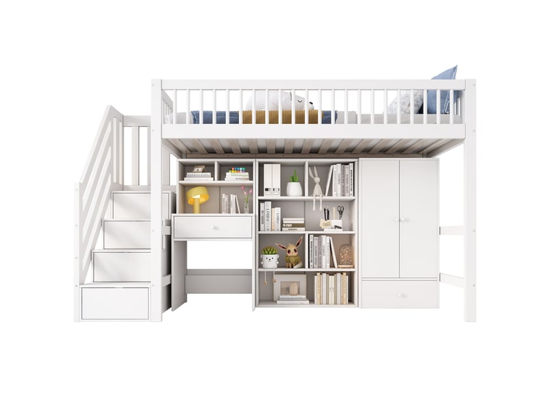  Lit mezzanine avec bureau 90x200 cm lit enfant bois massif avec armoire et escalier blanc  - Conforama W
