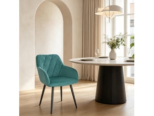 Chaise de salle à manger avec accoudoirs en velours bleu sarcelle, dossier haut et pieds en métal, design moderne