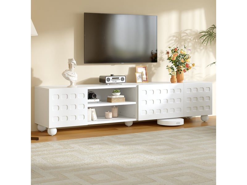  Meuble tv 200 cm blanc 3 portes avec motifs imprimés, pour téléviseur jusqu'à 80 pouces, 5 pieds stables  - Conforama B