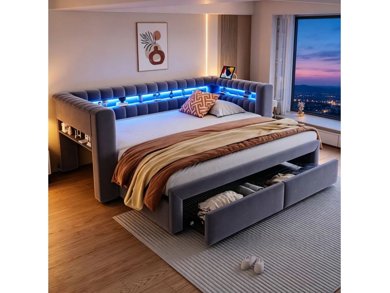 Lit plateforme 90 × 190 cm avec lit gigogne extensible, tiroirs, rangements, led, usb et type-c en velours gris foncé - Conforama D