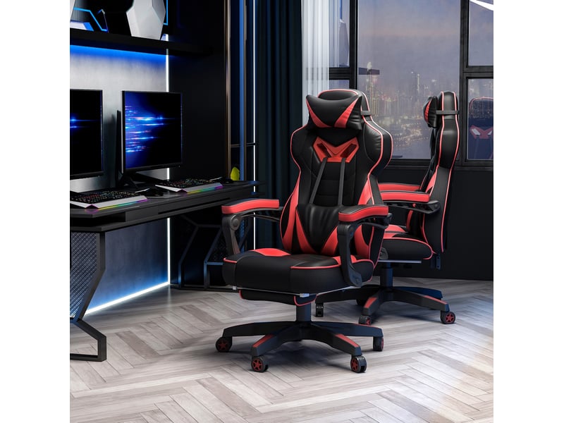  Fauteuil gaming 65x70x118,5-128,5 cm noir en simili cuir pu, massage, dossier inclinable et repose-pieds  - Conforama B
