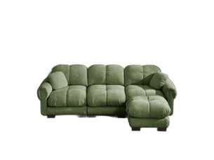 Canapé d'angle en l effet nuage 3 places, méridienne mobile, 2 coussins déco, assise matelassée, vert, sans montage