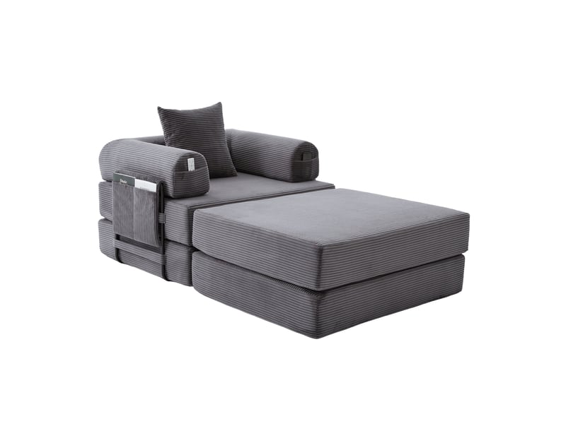  Fauteuil convertible 1 place 112x95 cm – gris foncé – velours côtelé, pochette latérale et coussin assorti  - Conforama C