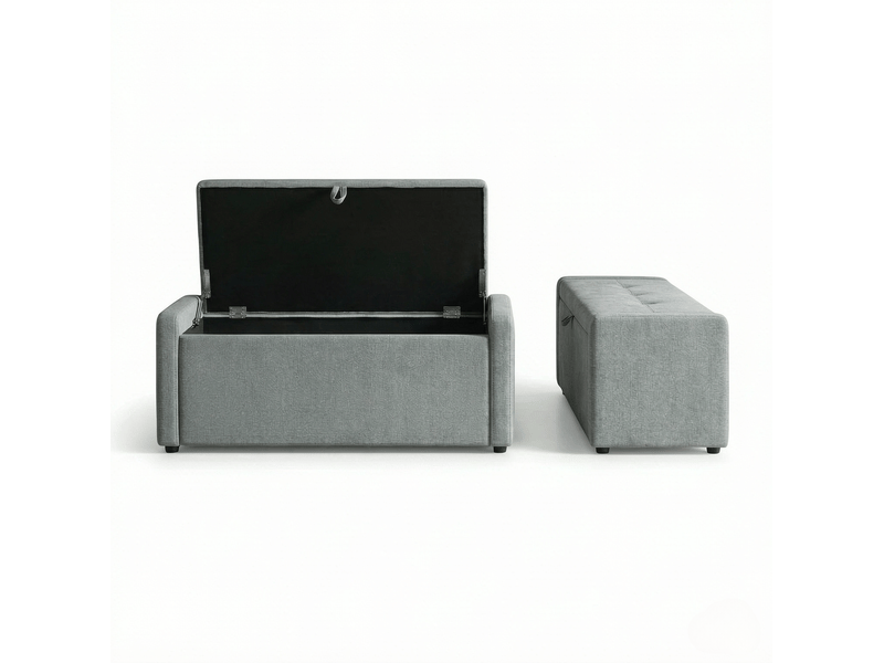  Banc de rangement 122 x 48 x 44 cm gris clair, tissu effet lin, coffre dissimulé et assise rembourrée  - Conforama A