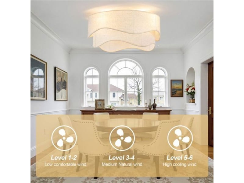  Ventilateur plafond 19 pouces, 4 douilles e26, commande app et télécommande, 6 vitesses réversibles, tissu, gold et blanc  - Conforama C