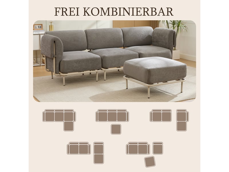 Canapé d'angle modulable 3 places en tissu chenille gris, avec pouf, 251×155×78 cm, design nordique - Conforama D