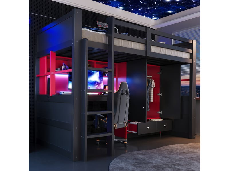  Lit mezzanine 90 × 200 cm avec bureau, armoire, tiroirs, rangements, led et prises, style gaming noir et rouge  - Conforama C
