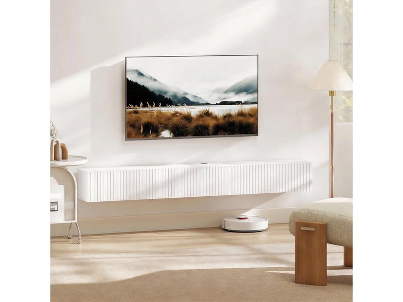  Meuble tv suspendu 180cm, meuble télé pour téléviseur 72 pouces, 2 portes rabattables, blanc, 180x25x22cm  - Conforama A