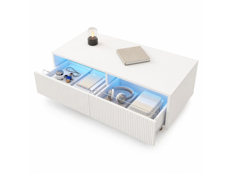  Table basse led 110 x 50 x 40 cm, 2 tiroirs, éclairage bluetooth, blanche  - Conforama A
