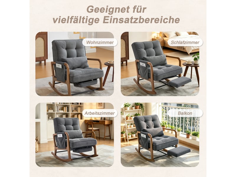  Fauteuil à dossier réglable velours côtelé gris, profondeur dépliée 134 cm  - Conforama R