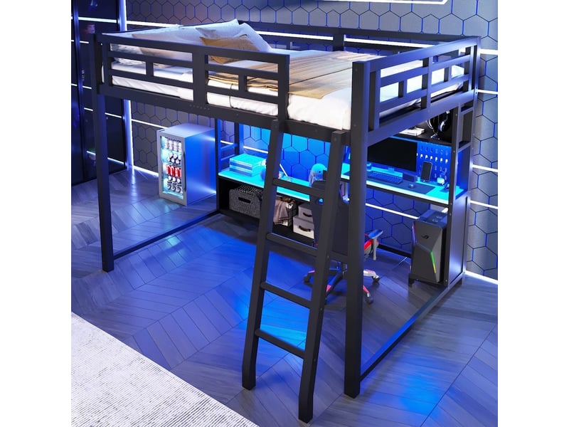  Lit mezzanine 140x200 métal noir avec bureau intégré et led  - Conforama C