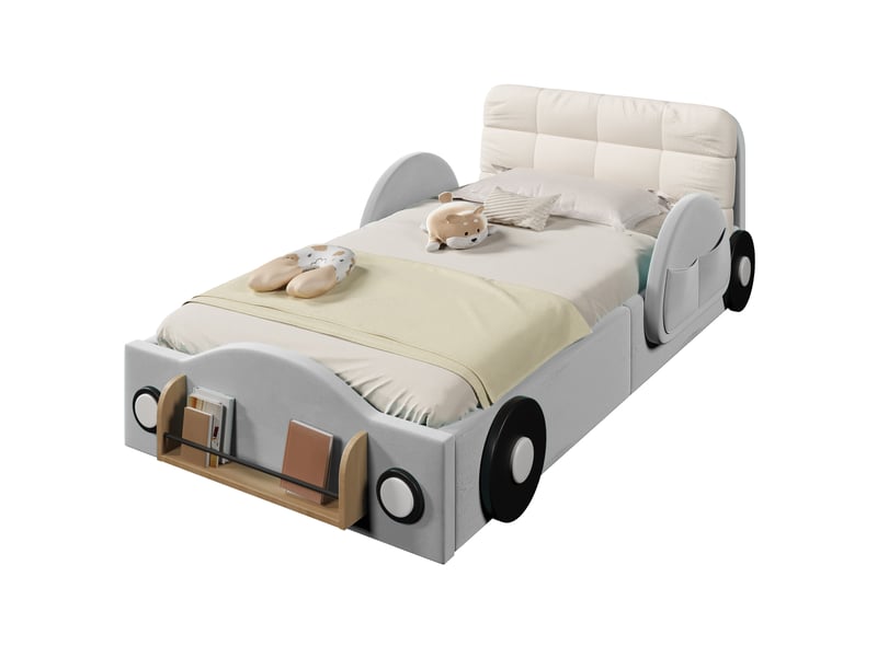  Lit coffre enfant 90 x 200 cm en velours gris avec rangement hydraulique, poches latérales, range-livres au pied et grand coussin de tête  - Conforama A