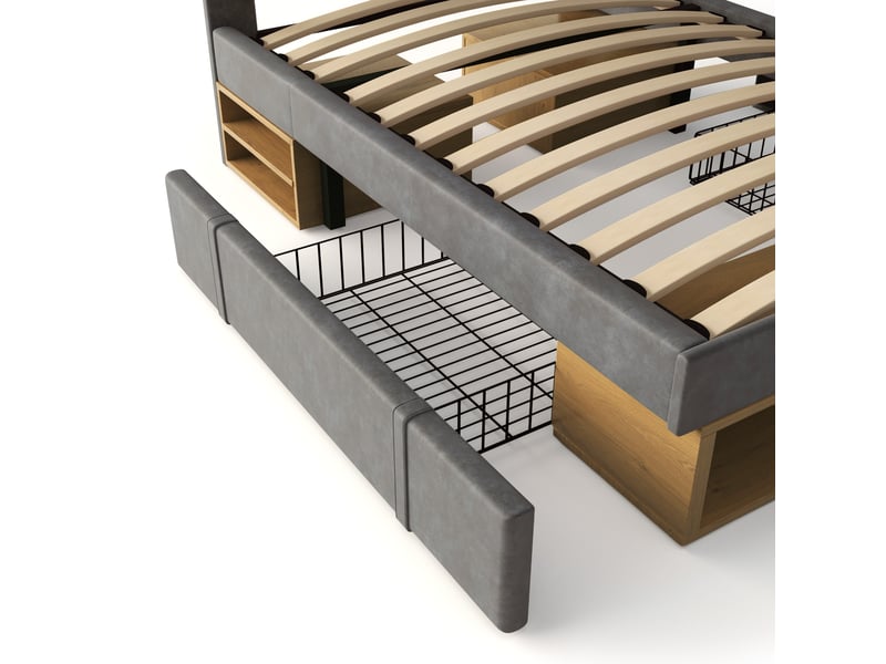 Lit rembourré 90x200cm, tiroirs et rangements, tête de lit réglable, sommier, velours gris, sans matelas C-DEGAYUN - Conforama D