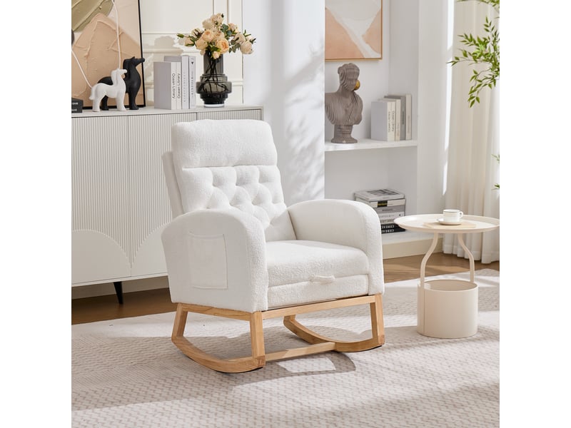  Fauteuil à bascule bouclette blanc fauteuil d'allaitement avec repose-pieds réglable 65.6x123x102cm  - Conforama E