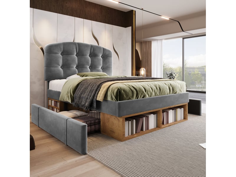  Modenvie lit simple capitonné 90x200 cm - tête de lit réglable, rangements intégrés, sans matelas - gris  - Conforama E