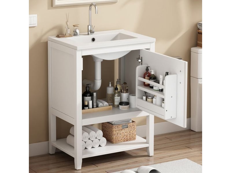  Meuble sous-lavabo avec lavabo en céramique - 60 cm - blanc - mdf - résistant aux rayures - facile à installer 61x47x87cm - Conforama C