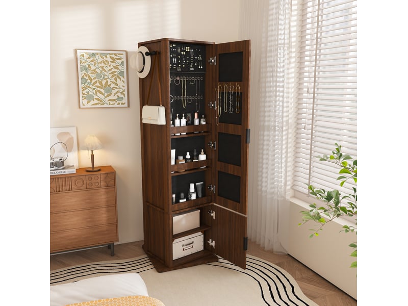  Armoire à bijoux pivotante 360 degrés 50x50x170 cm, noyer foncé, mdf et verre avec miroir intégral  - Conforama D